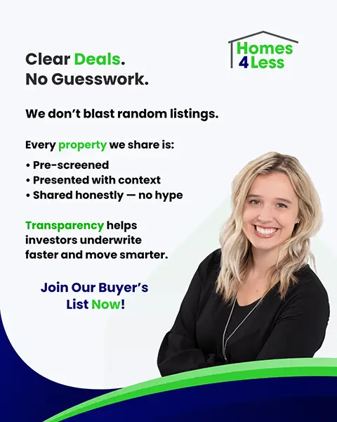 Homes4Less graphic about clear deals and no guesswork for off market property buyers