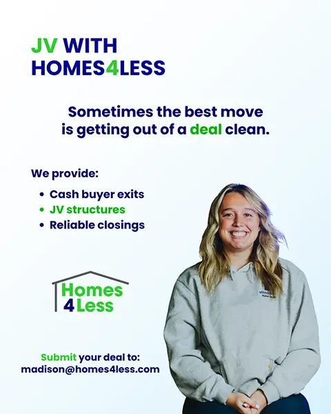 Homes4Less graphic about JV structures, reliable closings, and clean exits